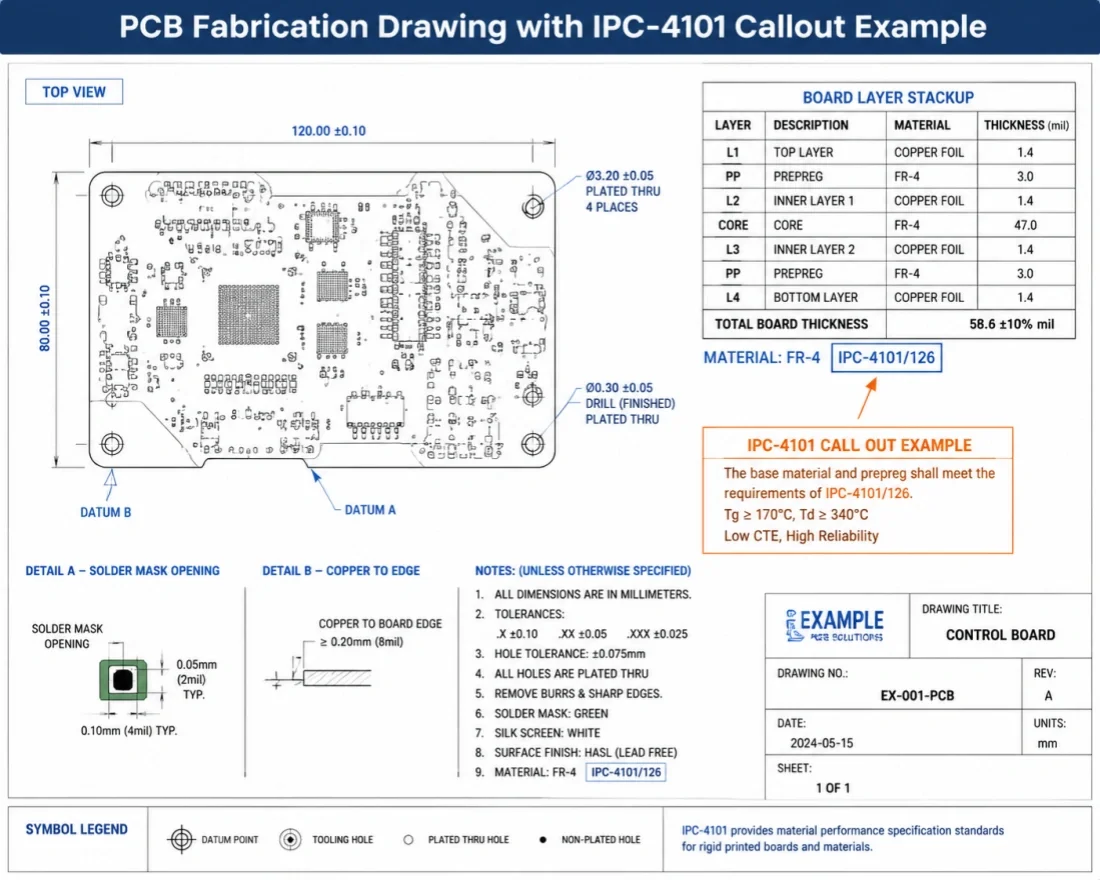 PCB Fabrication Drawing with IPC-4101 Callout Example