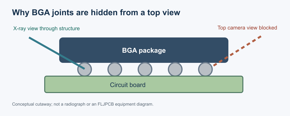 Cutaway diagram showing a BGA package and solder-ball array hidden from a top-down camera but accessible to X-ray imaging