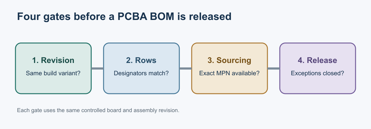 Workflow diagram showing revision, row, sourcing and release gates for PCBA BOM validation