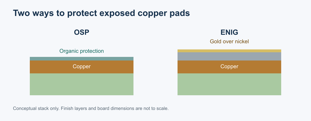 Layer diagrams comparing an organic protective film over copper with nickel and gold layers over copper