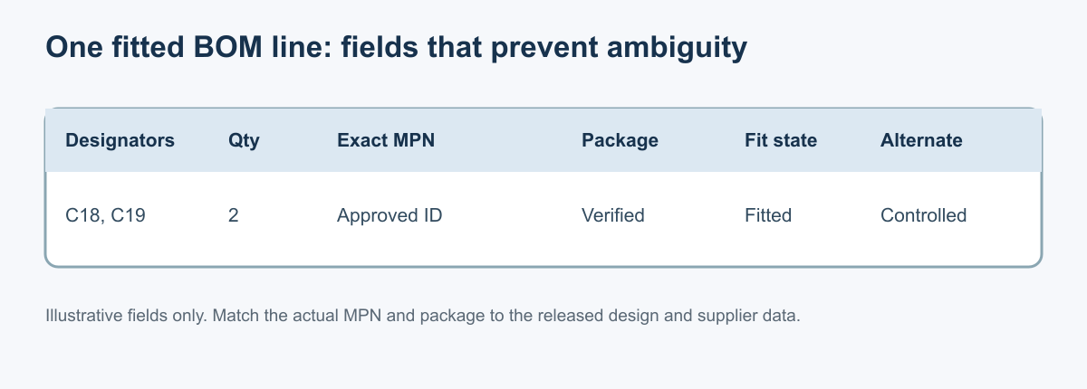 Annotated example BOM row showing designators, quantity, MPN, package, fit state and approved-alternate status