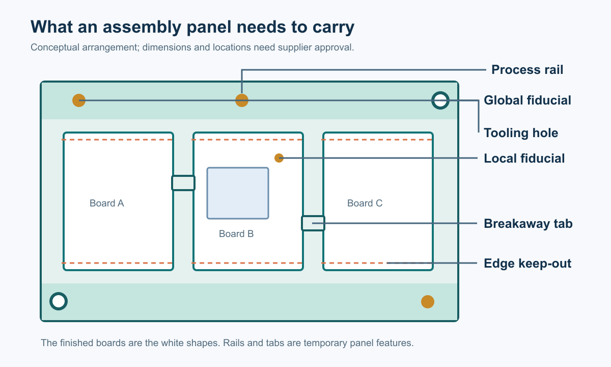 Simplified SMT panel showing rails, tooling holes, global fiducials, boards, tabs and clearance zones
