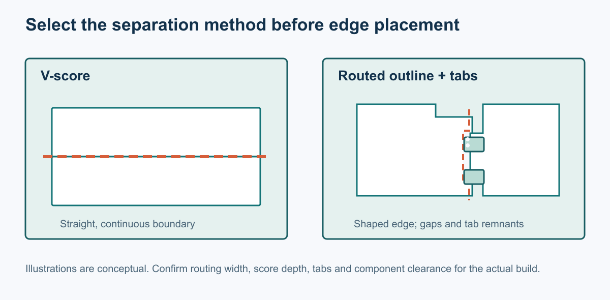 Side-by-side technical diagram comparing straight V-score lines with routed outlines and breakaway tabs