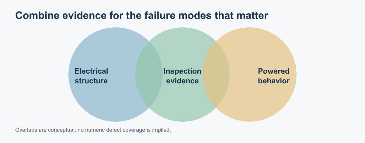 Conceptual overlap of structural tests, visual or X-ray inspection, and powered functional test coverage