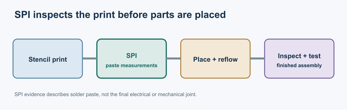 Simplified assembly flow showing SPI after stencil printing and before placement, reflow and post-reflow inspection